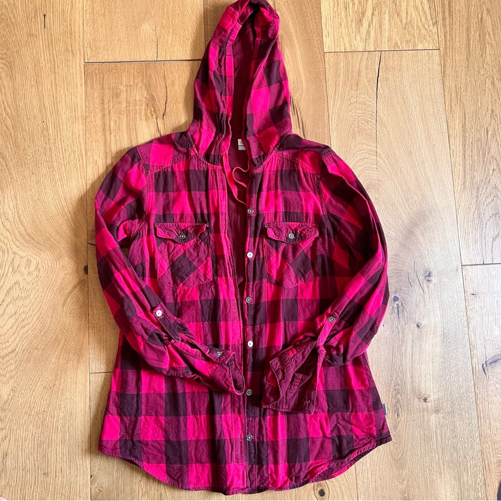 Columbia Plaid Hooded button down shirt